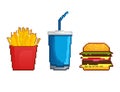 Pixel art set with pixel unhealty food for game design. Vector art illustration. Burger, drink and free potato Royalty Free Stock Photo