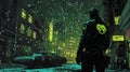 Pixel Art Soldier in Snowy City at Night Royalty Free Stock Photo