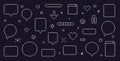 Pixel art speech bubbles. 8 bit text boxes with hearts, arrow and sparkles. Rectangle and circle line chat frames. Dialog balloon