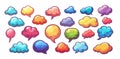 Pixel art speech bubbles vector set. Dialogue balloon cloud chat 8 bit messages comic colorful word message frame sphere