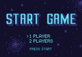 Pixel art Start Game screen. Retro 8 bit space video games starting options with press start button, starry universe