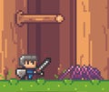 Pixel art style, character in game arcade play vector. Man with sharp sword fighting against spider