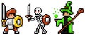 Pixel art style, character in game arcade play vector. Man with shield and sword skeleton and wizard