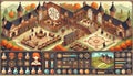 A pixel art-style fantasy game interface for a magic academy campus, featuring classrooms, libraries, and alchemy labs