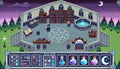 A pixel art-style fantasy game interface for a magic academy campus, featuring classrooms, libraries, and alchemy labs