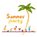 Pixel art style invitation party postcard with ice and alcoholic summer drinks and beach cocktails. Palm tree. Fruits.