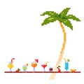 Pixel art style invitation party template with ice and alcoholic summer drinks and beach cocktails. Palm tree. Fruits. Royalty Free Stock Photo