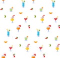 Pixel art style seamless pattern of ice and alcoholic summer drinks and beach cocktails. Fruits and refreshments. Background.