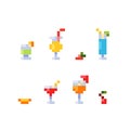 Pixel art style set of ice and alcoholic summer drinks and beach cocktails. Fruits and refreshments.