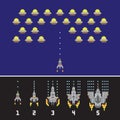 Pixel art style space war and spaceship game upgrades vector set