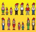 Pixel art style people avatars in xmas santa claus hats isolated background Royalty Free Stock Photo