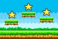 Pixel art style vector stars for retro pixel-game. Shiner golden object pixelated awards for player