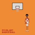 Pixel art style young black man basketball player in white and red uniform holding a ball and baskboard Royalty Free Stock Photo