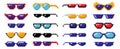 Pixel art sunglasses. Color 8 bit glasses for pranking memes, pixelated summer style eyeglasses vector set