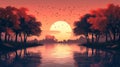 Pixel Art Sunset Over River With Red Trees Royalty Free Stock Photo