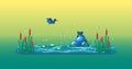 Pixel art swamp with cute frog, reeds, water lilies and duck Royalty Free Stock Photo