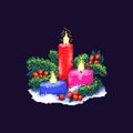 Pixel art. Three burning candles, fir trees, and holly berries. Christmas and new year composition.