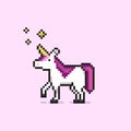 Pixel art unicorn with stars. White pixel unicorn with pink hair and golden stars. Royalty Free Stock Photo