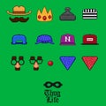 Pixel art vector illustration icon set. Baseball cap, front and back, bandana head accessories, cowboy, face mask, clown