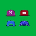 Pixel art vector illustration icon set. Baseball cap, front and back, bandana head accessories. Game assets 8-bit