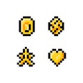 Pixel art vector illustration icon set. Golden yellow objects for game sprites - coin, gem, diamond, start, heart Royalty Free Stock Photo