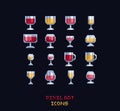 Pixel art vector illustration - red, white, rose, cider, mulled wine glasses. Pixel art design vine icons on dark Royalty Free Stock Photo