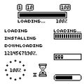 Pixel art vector illustration set - 8 bit retro style loading indicator bars, percent numbers, loading text. Installing