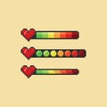 Pixel art vector illustration set - red heart and health bar color indicator, 8 bit game design hud graphic sprite Royalty Free Stock Photo