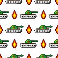 Pixel art vector objects to create Fashion seamless pattern. Background with tanks, boom, for boys. trendy 80s-90s