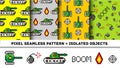 Pixel art vector objects to Fashion seamless pattern. Background with tanks, boom, for boys. trendy 80s-90s style