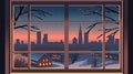 Pixel art view from the window to a winter village landscape. Snowy houses in front of the cityscape silhouette Royalty Free Stock Photo