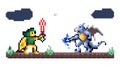 Pixel Art Warrior Fighting Blue Dragon, Epic Combat, vector design Generative AI Royalty Free Stock Photo