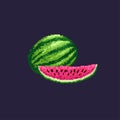 Pixel-art watermelon. Whole watermelon and slice of watermelon on dark blue background. Royalty Free Stock Photo