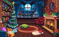 Pixel art Winter Christmas Inside House full of decoration background