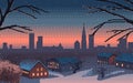 Pixel art winter village landscape. Snowy houses in front of the cityscape silhouette. Christmas background. Vector Royalty Free Stock Photo