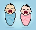 Pixel baby boy and girl is sitting. Illustration of cute twin babies