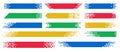 Pixel banner. Header, footer color layout with mosaic edges. Horizontal title tags with pixels. Labels pixelated