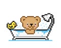 Pixel 8 bit cute bear bathing with rubber duck. Animal game assets in vector illustration.