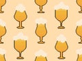 Pixel beer seamless pattern. Beer with foam in stemmed glasses in pixel art style. Design of 8 bit beer glasses for app, banner