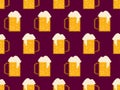 Pixel beer seamless pattern. Glass of beer pixel art. 8 bit mug, pixel drinks. Graphic style of video games from the 90s. Design