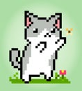 Pixel 8 bit cat catches a butterfly. Pixel animals in vector illustrations Royalty Free Stock Photo