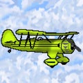 Pixel 8 bit drawn lime antique plane with multicolored cloudy sky Royalty Free Stock Photo