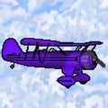 Pixel 8 bit drawn purple antique plane with multicolored cloudy sky Royalty Free Stock Photo