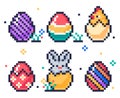 Pixel 8 bit easter eggs. Pixel art arcade game eggs icons, painted chicken eggs, cute bunny and baby chicken egg hunt game flat Royalty Free Stock Photo