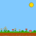Pixel 8 bit game background. Vector sunny day.