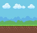Pixel 8bit game vector background with ground and cloudy sky panorama Royalty Free Stock Photo