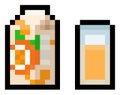 Pixel 8 bit orange juice pack and glass - vector, isolated