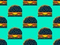 Pixel black burger seamless pattern. 8-bit cheeseburger with two patties and cheese. Cheeseburger with two cutlets, cheese and