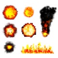 Pixel boom. retro game explosions. vector set