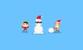 Pixel boy and girl build the snowman.8bit character.Chismas.